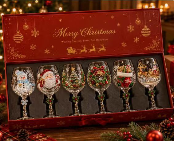 Merry Christmas gift box holding six painted stemmed Christmas wine goblets