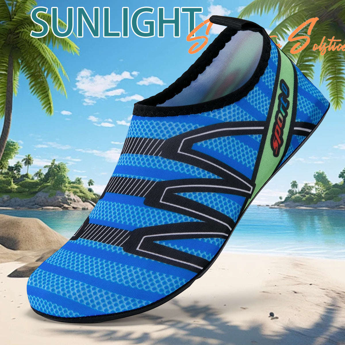 Slip on quick dry water shoe with a stretch mesh upper and grippy TPR sole, blue and green