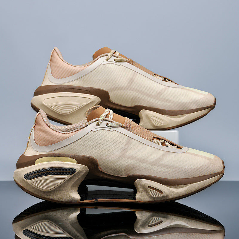 Chunky unisex lace up sneaker with a fabric upper and a sculpted rubber sole worn on the street