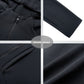 Four detail photos of a black hooded sweatshirt: collar zip, plain cuff, zipped pocket and fabric texture