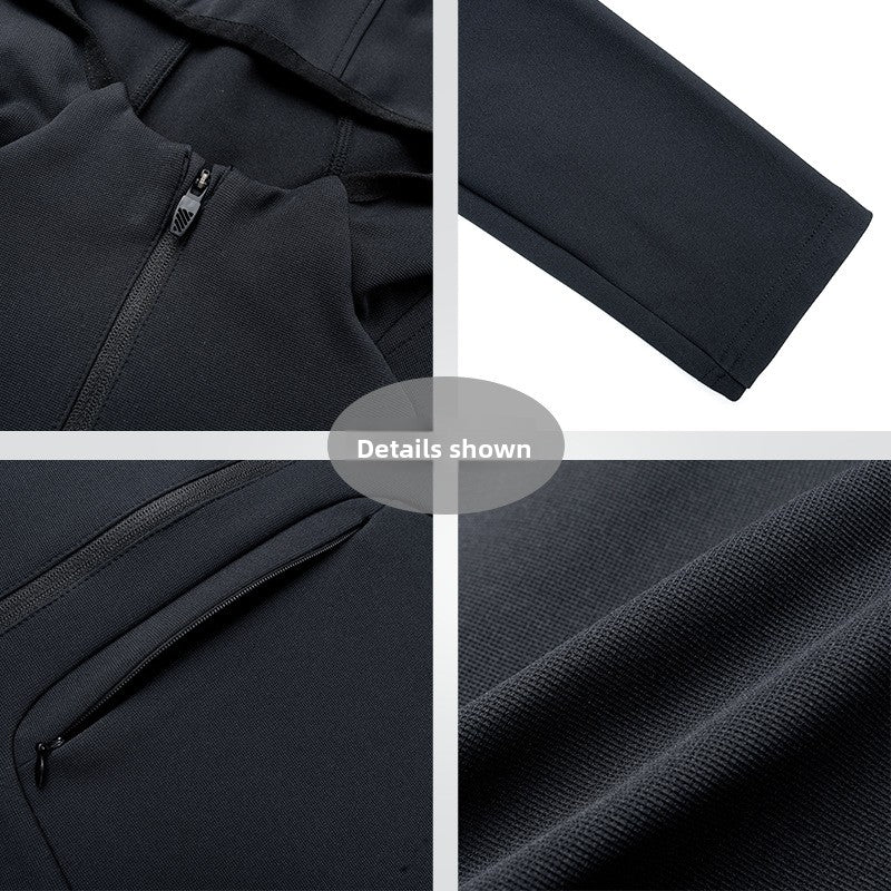 Four detail photos of a black hooded sweatshirt: collar zip, plain cuff, zipped pocket and fabric texture