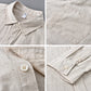 Close detail of the point collar, chest pocket, front placket and cuff of the linen blend shirt