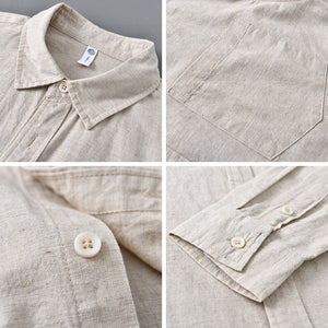 Close detail of the point collar, chest pocket, front placket and cuff of the linen blend shirt
