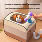 Pet drying box with a dog inside and a hairdryer aimed into the top air port