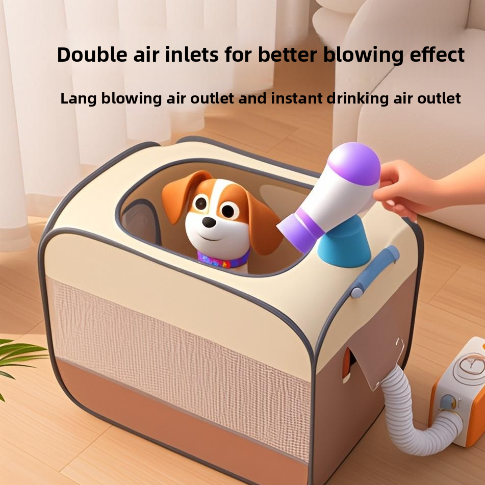Pet drying box with a dog inside and a hairdryer aimed into the top air port