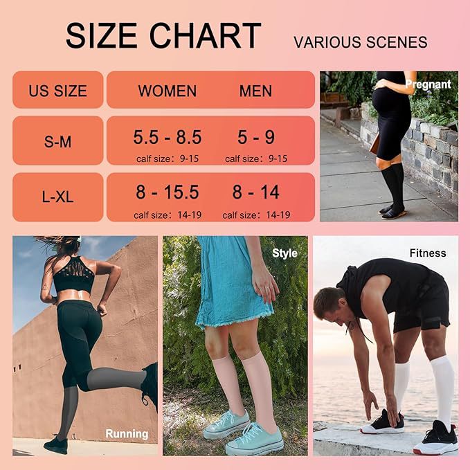 Size chart for compression socks with S/M and L/XL shoe and calf measurements