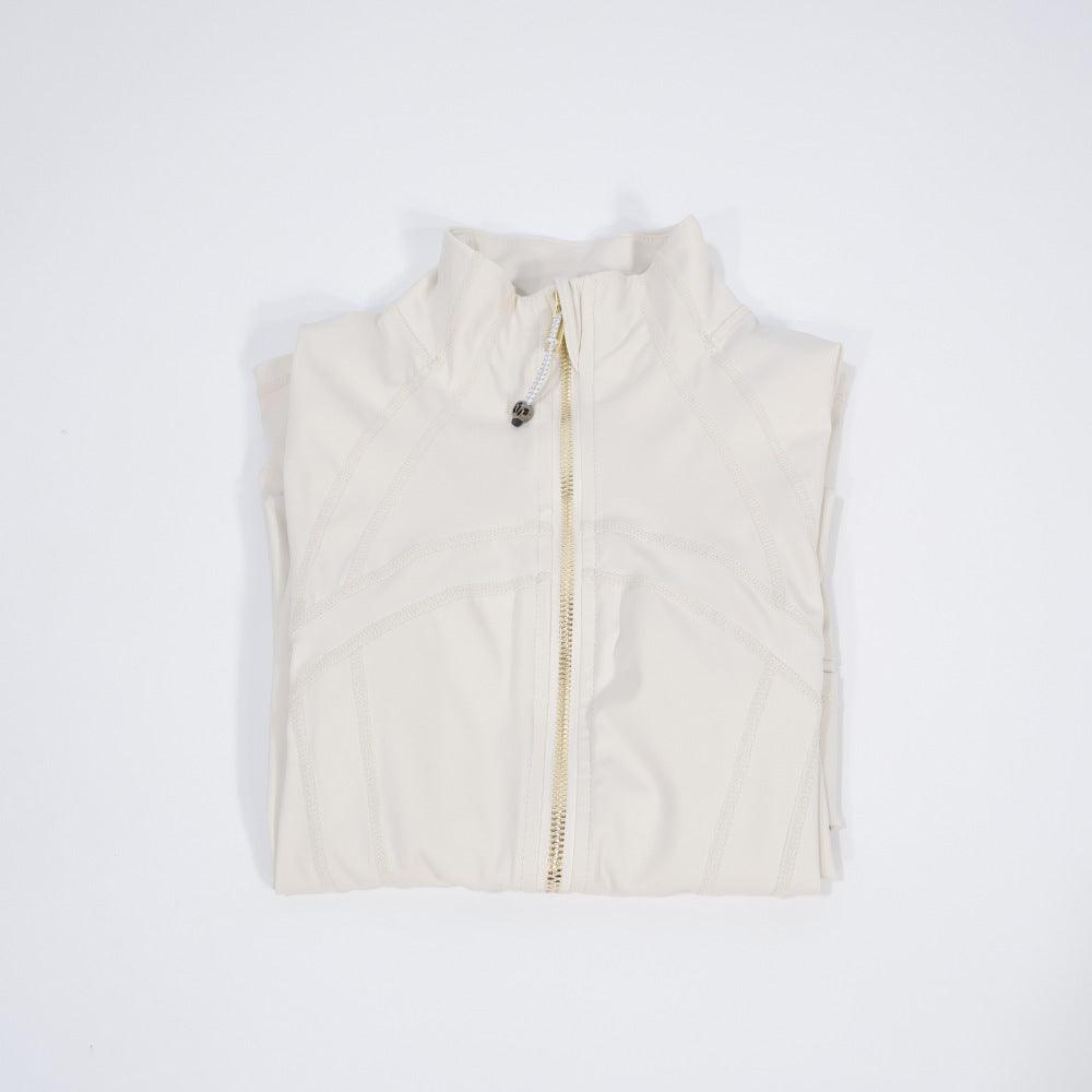 Color view of slim running jacket on a hanger in soft daylight