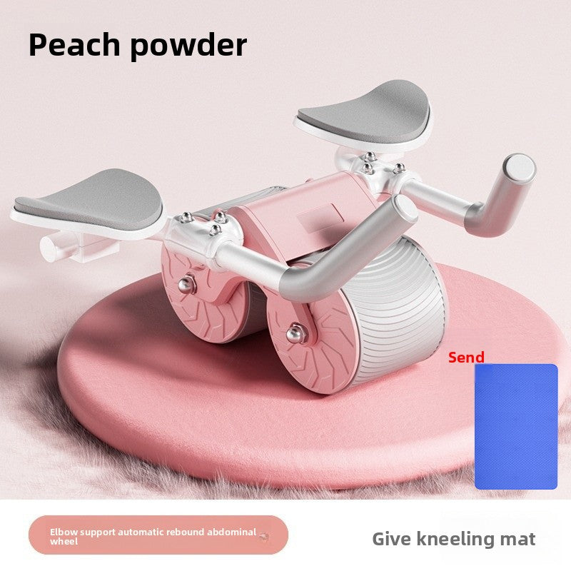 Pink elbow support ab roller shown with the blue kneeling pad beside it