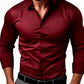 Slim fit button up dress shirt shown on a male model in a solid color with buttoned cuffs