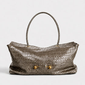 Womens Snake Print and Croc Embossed Shoulder Bag with Gold Ball Hardware