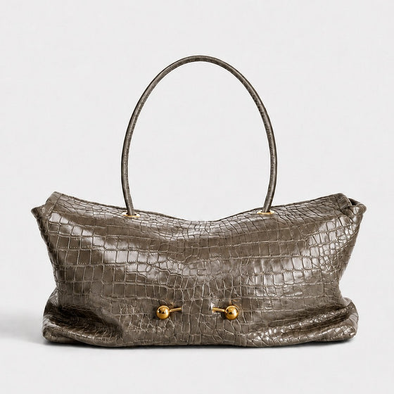 Womens Snake Print and Croc Embossed Shoulder Bag with Gold Ball Hardware