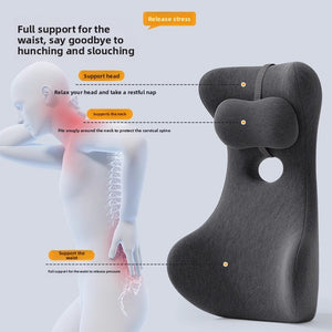 Grey memory foam back and neck support cushion shown with feature callouts