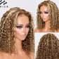 Short curly honey blonde highlight synthetic lace front wig on a mannequin, multiple views