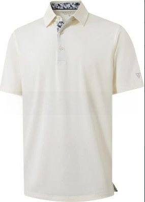 Men's short sleeve polo shirt with a solid body and a printed contrast collar, fitted cut in light polyester