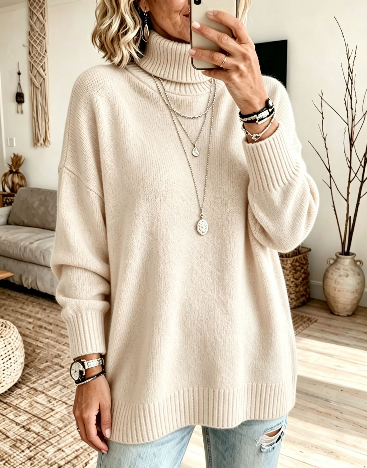 Women's cream turtleneck knit sweater, loose fit with ribbed cuffs and hem, size M