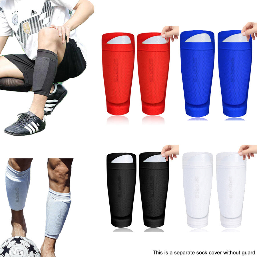 Soccer shin guard sleeves in red, blue, black and white beside players wearing a sleeve over a shin guard