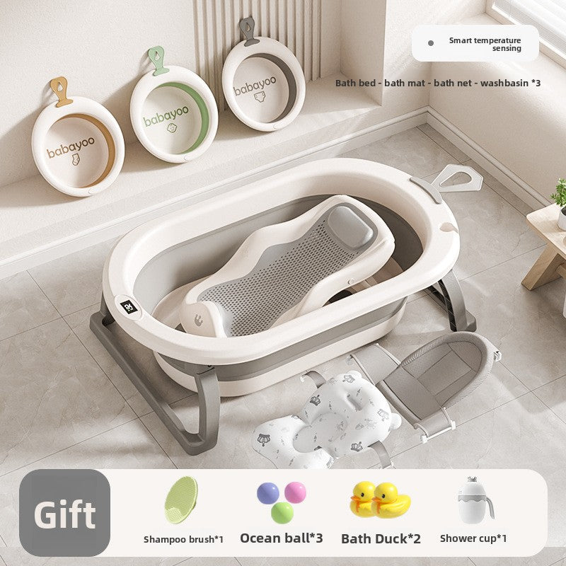 Baby bathtub full set with mesh bath rack, printed floating mat, gray bath net and three washbasins