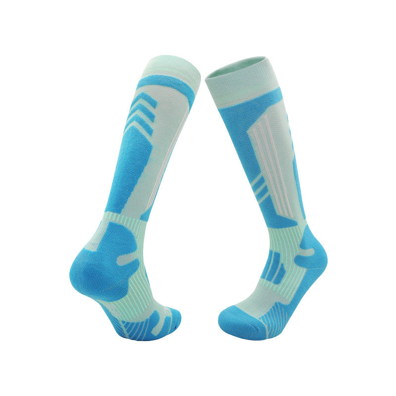 Knee high cushioned ski socks shown as a front and back pair on a white background