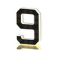 Black and gold solar LED house number sign, one character with a backlit warm outline, warm glowing outline
