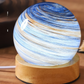 Dawn glass planet night light, pale blue and ochre swirl, label Morning light, box, USB rechargeable touch, tri-color