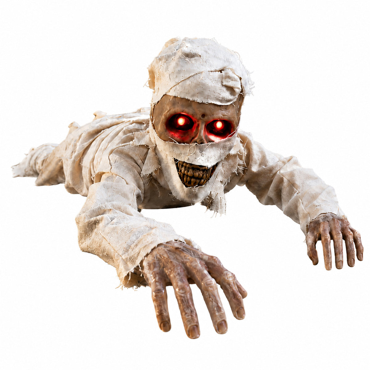 Electric crawling mummy Halloween yard prop with glowing red eyes at a party