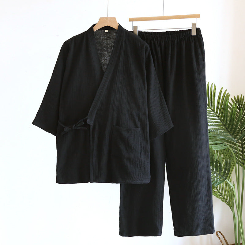 Black men's style kimono style cotton gauze pajama set with side tie and patch pocket, size XXL variant image