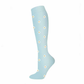 Light blue knee-high compression sock with small white daisies, size L/XL, on a white background