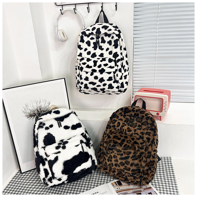 Plush Leopard Print Backpack | top down arrangement layout
