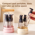 Pink and creamy yellow travel bottle sets with four bottles under a clear dome