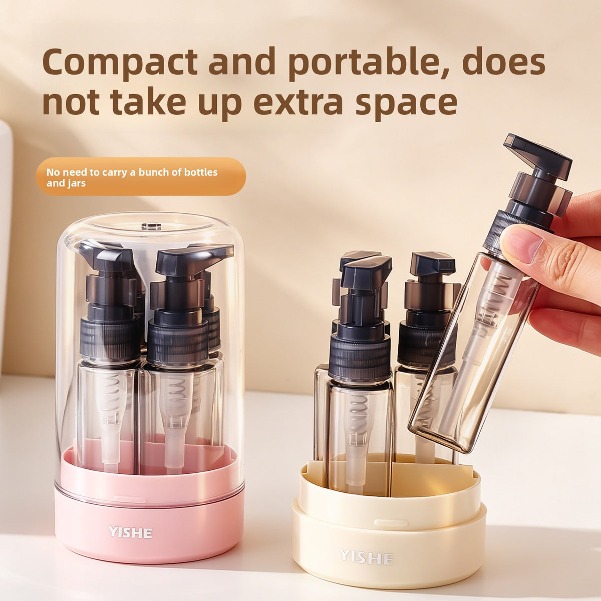 Pink and creamy yellow travel bottle sets with four bottles under a clear dome