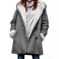 Model in an open gray hooded toggle coat showing the white plush lining, cuffs and side pockets