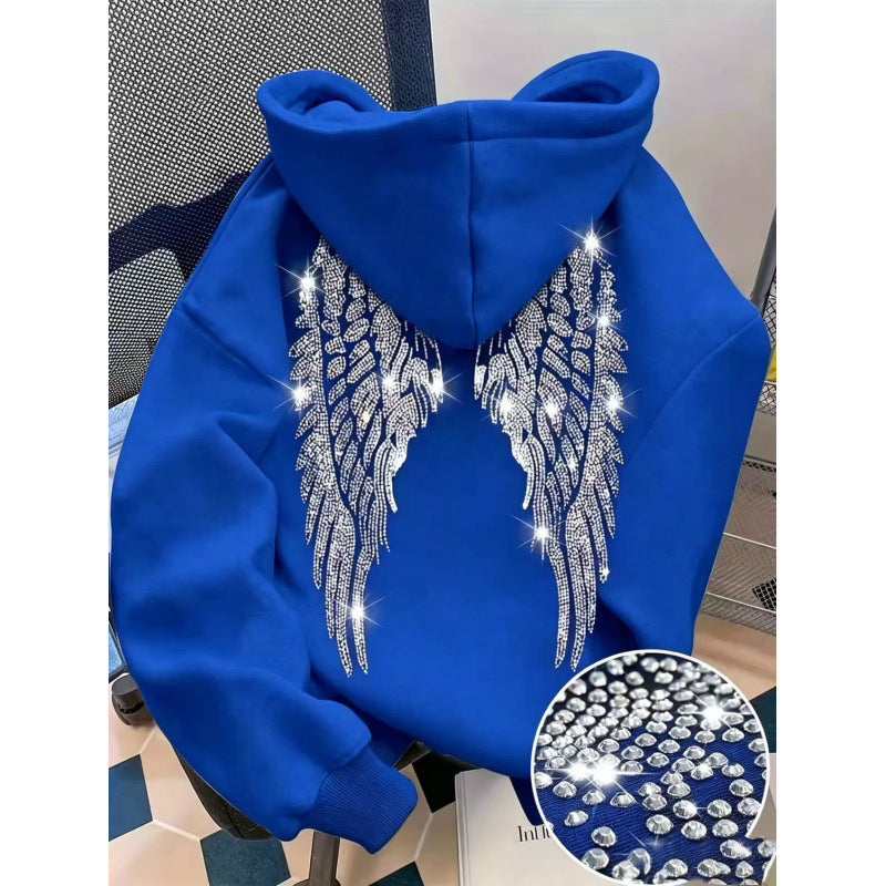 Royal Blue pullover hoodie with rhinestone wings on the back and a stone close-up, option photo for Royal Blue S