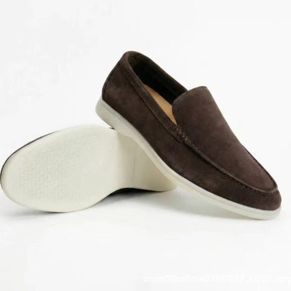 Brown suede slip-on loafer with a rounded toe and a thick pale sole, size 43 option
