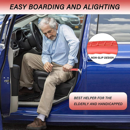 Older driver stepping out of a blue car while holding the red assist handle set in the door latch