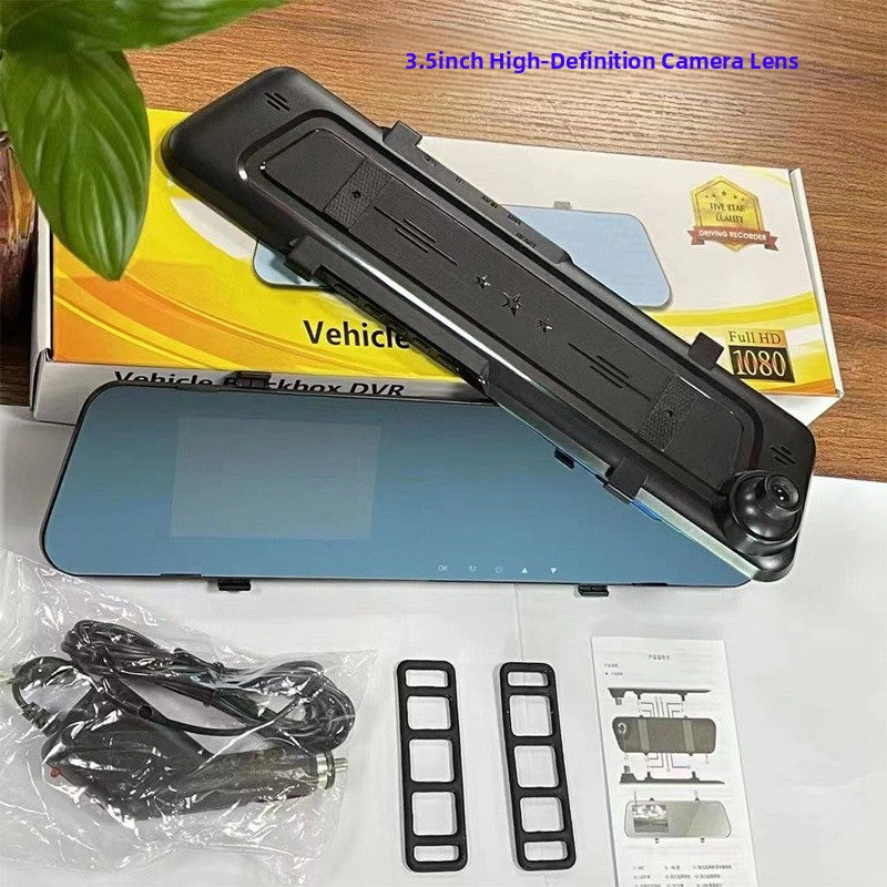 Blue glass clip on mirror dash cam in its box with straps and a power cable, 3.5in Single-Record Button option
