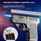 Black and silver windproof jet lighter case with blue flame, a ruler for scale and three cigarette clips shown in an inset