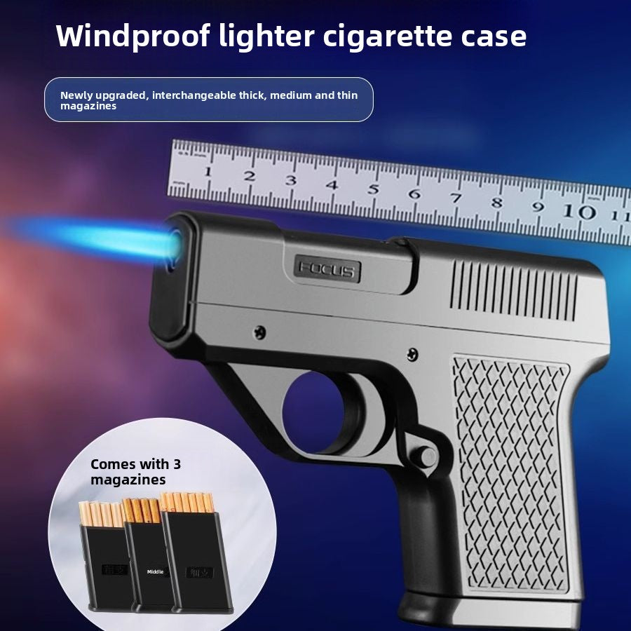 Black and silver windproof jet lighter case with blue flame, a ruler for scale and three cigarette clips shown in an inset