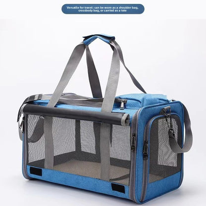 Lake blue foldable soft pet carrier with mesh side panels and top carry handles