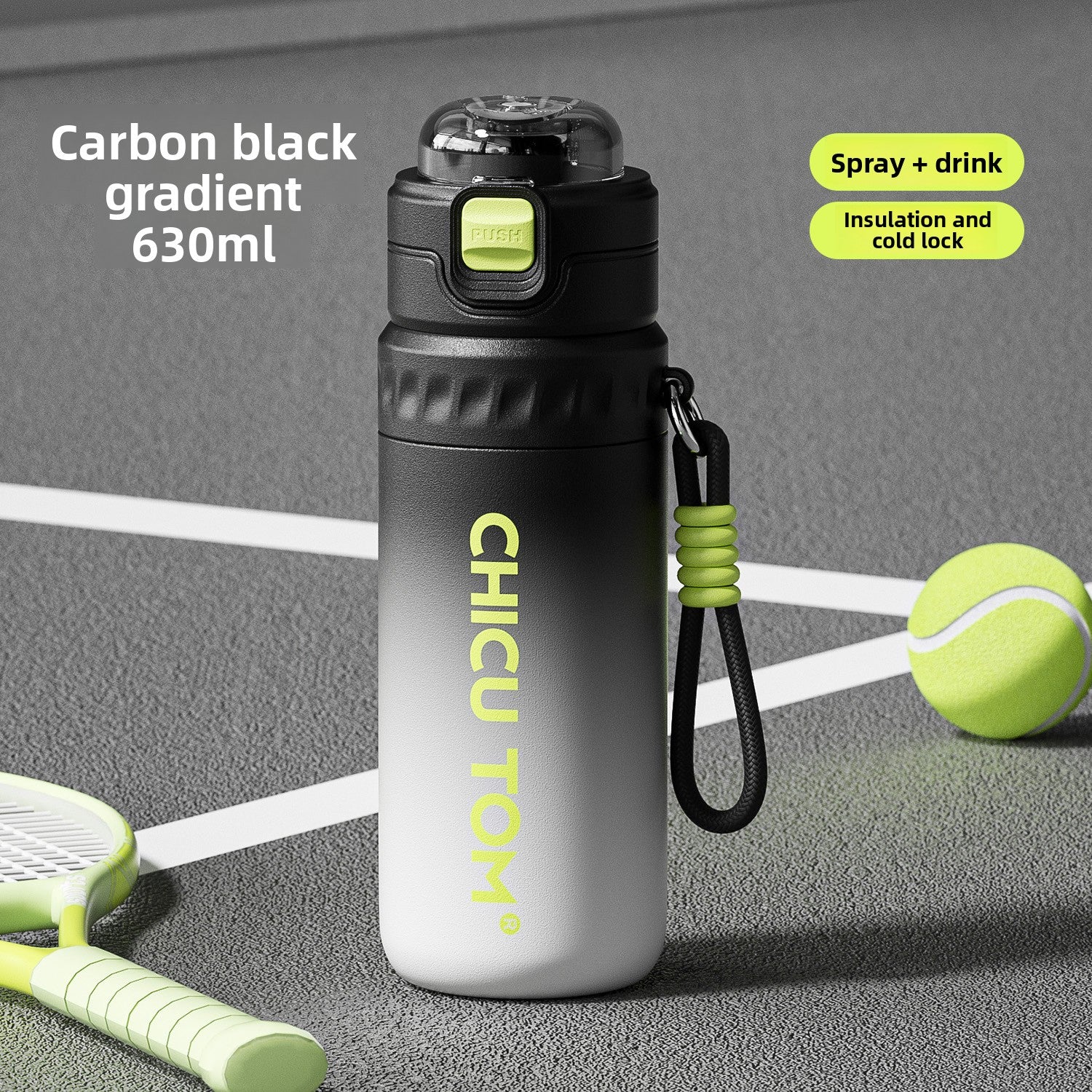 Carbon black and white gradient insulated spray and straw water bottle with a braided carry rope
