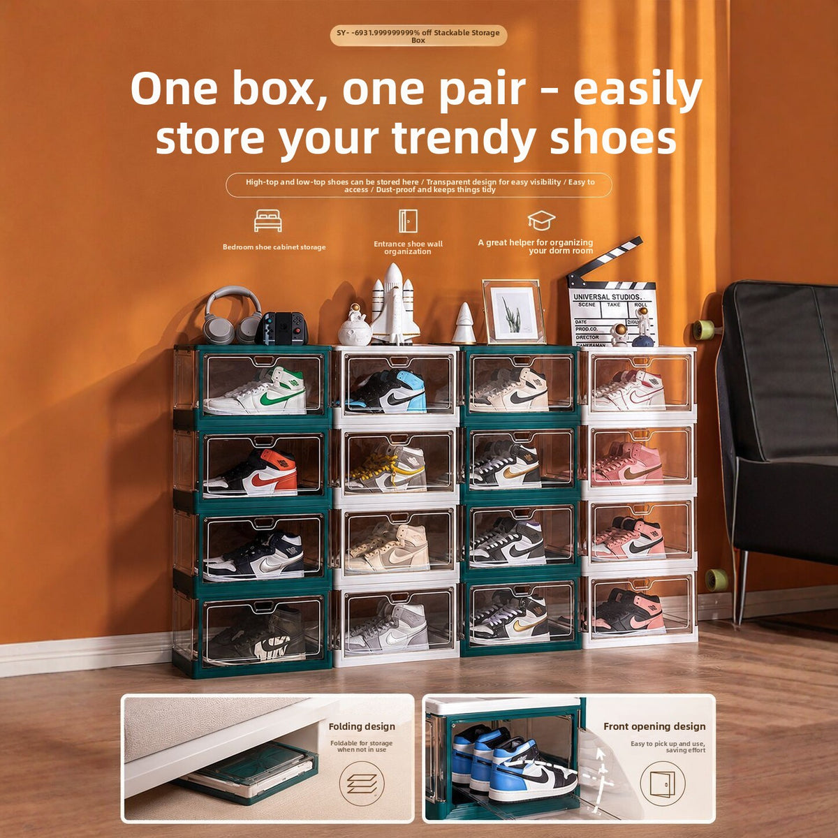 Clear stackable shoe storage boxes stacked into a tower by a wall