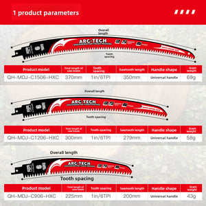 Spec panel for the arc saw blade listing model, total length, tooth spacing, sawtooth length and weight
