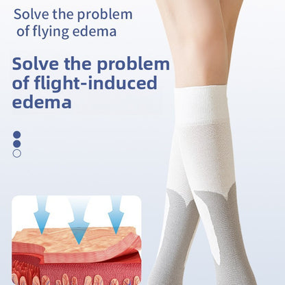 Woman's lower legs in white knee-high compression socks with a gray panel, shown in a product graphic