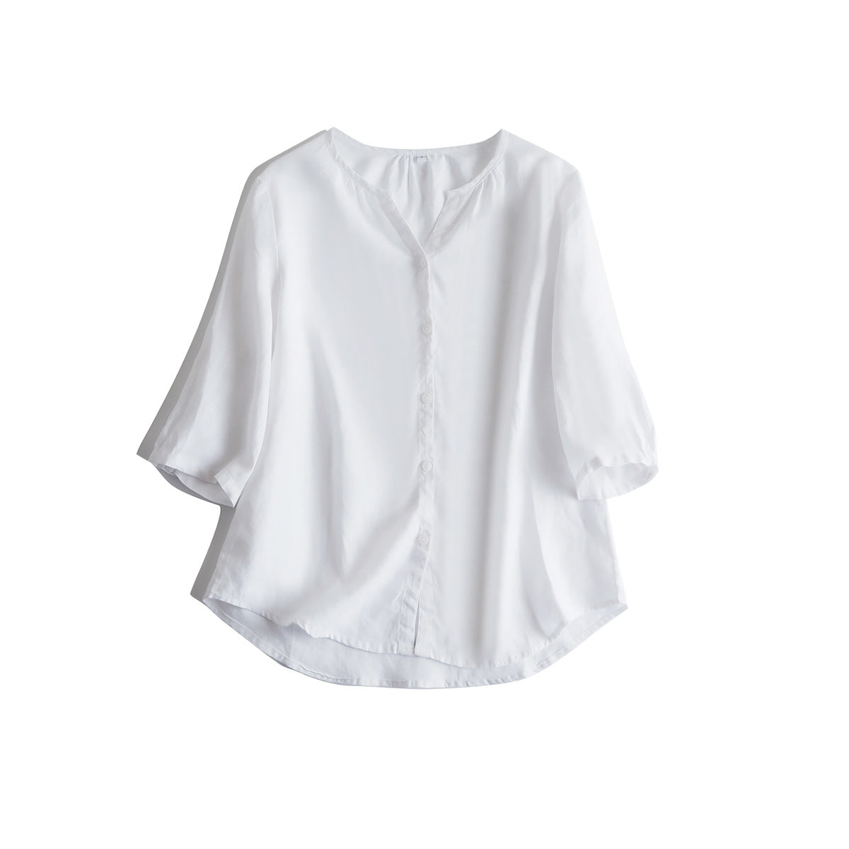 Moss green linen V neck shirt with a soft gathered collar and curved hem