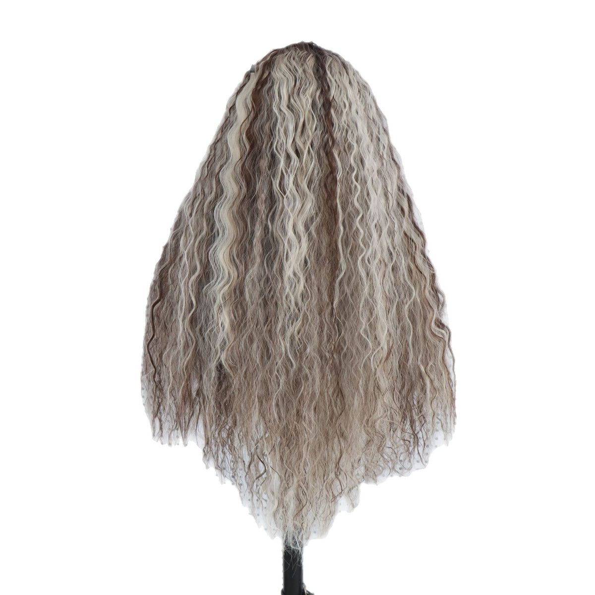 Back view of a long textured wave synthetic wig in brown with platinum blonde streaks on a white background