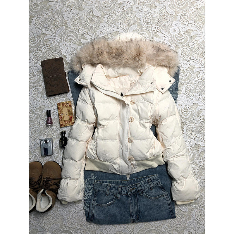 White variant, size 3XL: cream quilted hooded jacket laid flat with jeans, shoes and accessories