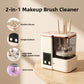 Makeup brush cleaner with brushes standing in the tank and feature callouts