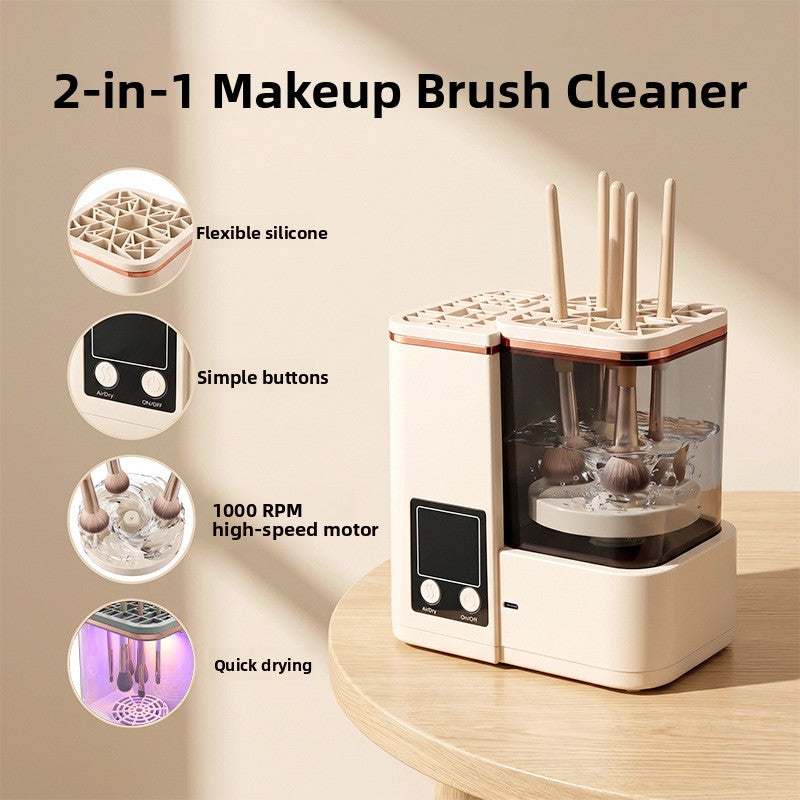 Makeup brush cleaner with brushes standing in the tank and feature callouts