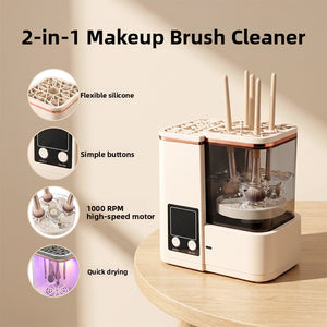 Makeup brush cleaner with brushes standing in the tank and feature callouts