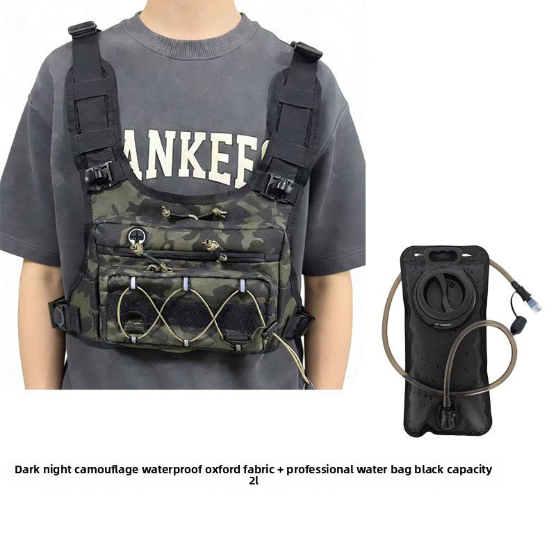 Rear mesh panel and shoulder strap detail of the hydration chest rig