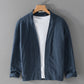 Dark blue ramie blend open front jacket with a stand collar and roll back cuffs